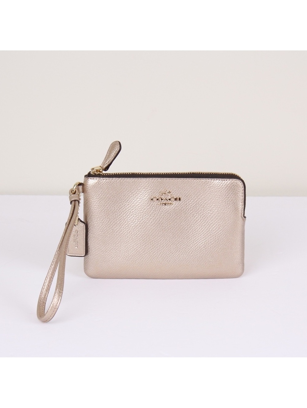 Coach 58423B Metallic Leather Corner Zip Wristlet Platinum Gold Pouch